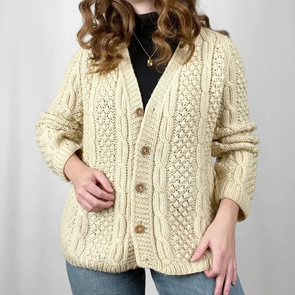 Vintage Hand Knit Oversized Cable Knit Aran Fisherman Cardigan Sweater Grandpa - Picture 1 of 13